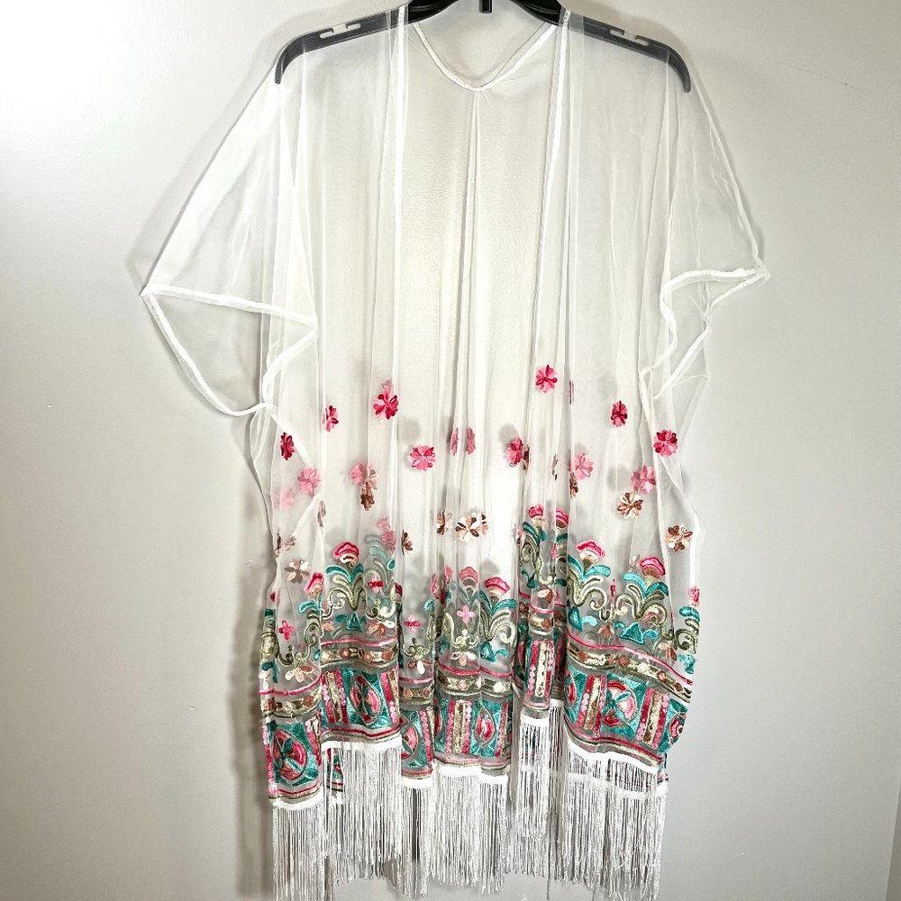 Southern Sparkle embroidered sheer mesh poncho wrap with fringe OS NWT Kimono